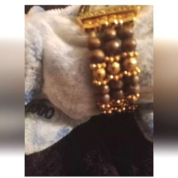 Vintage Japanese Movement Quartz Watch. Goldtone With Brown Beads, 3 Strand... - Picture 2 of 3